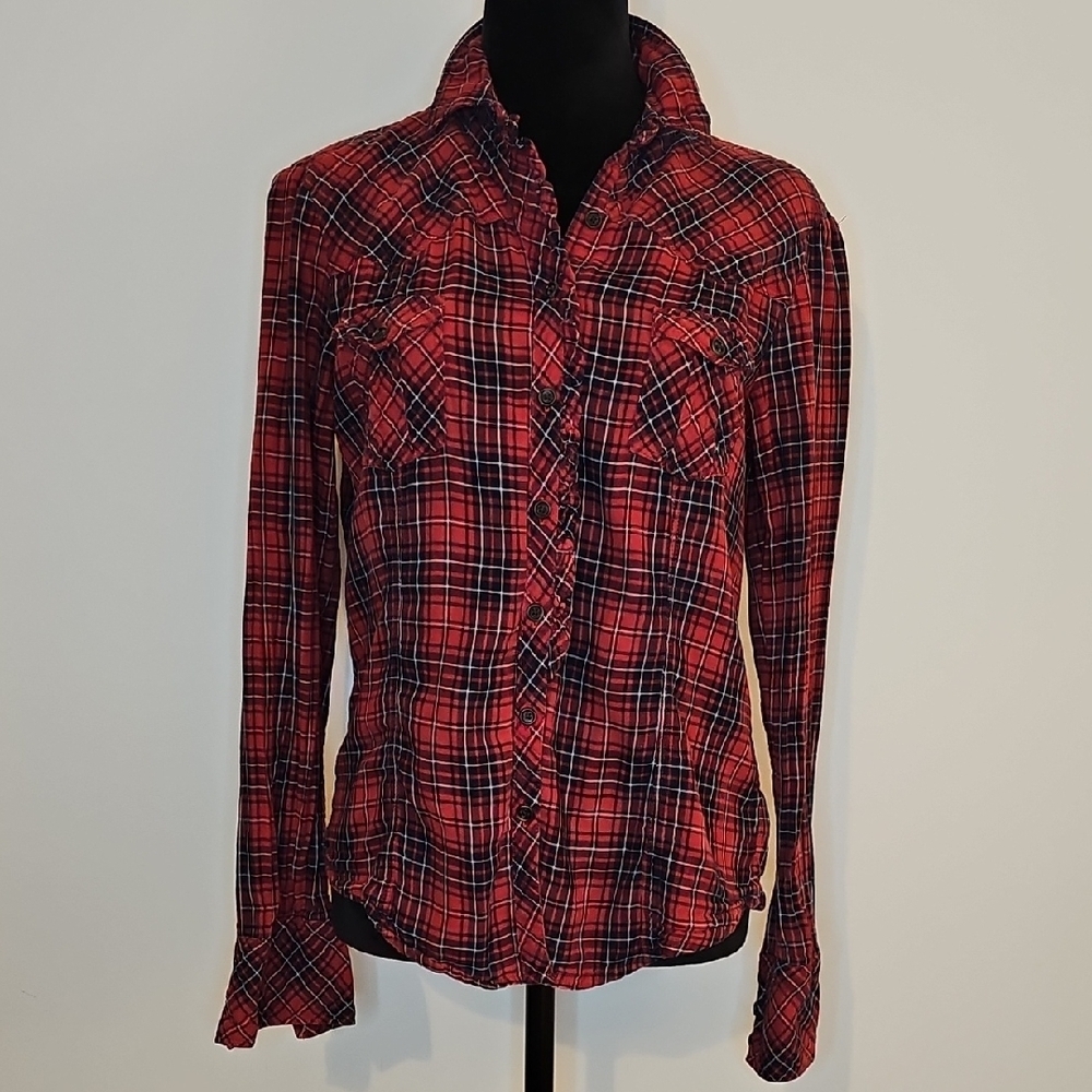 Vintage GAP Red Plaid Western-Style Button Shirt With Rufflw Trim